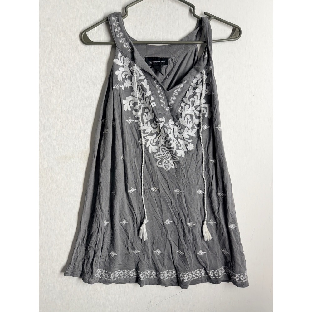 INC International Concepts Grey Embroidered Tassel Boho Tank Top Blouse 1X Plus